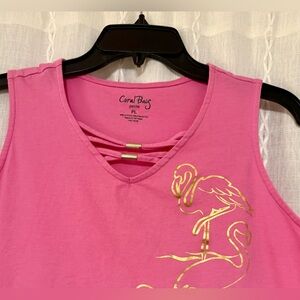 Coral Bay🦩flamingo 🦩 gold graphics. Petite Large pink sleeveless top.